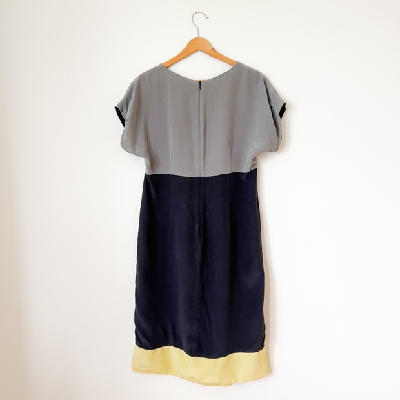 Planet 100% Silk Colour Block Pleated Midi Dress Size 10 - Tie Belt Cap Sleeves - Picture 4 of 14